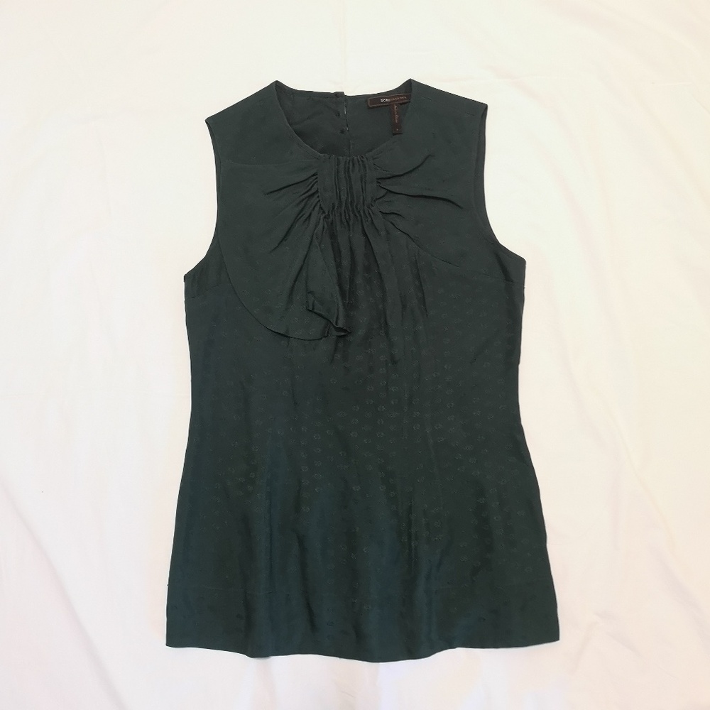 BCBGMAXAZRIA 100% Silk Deep Green Bow Sleeveless Blouse Top Size S
